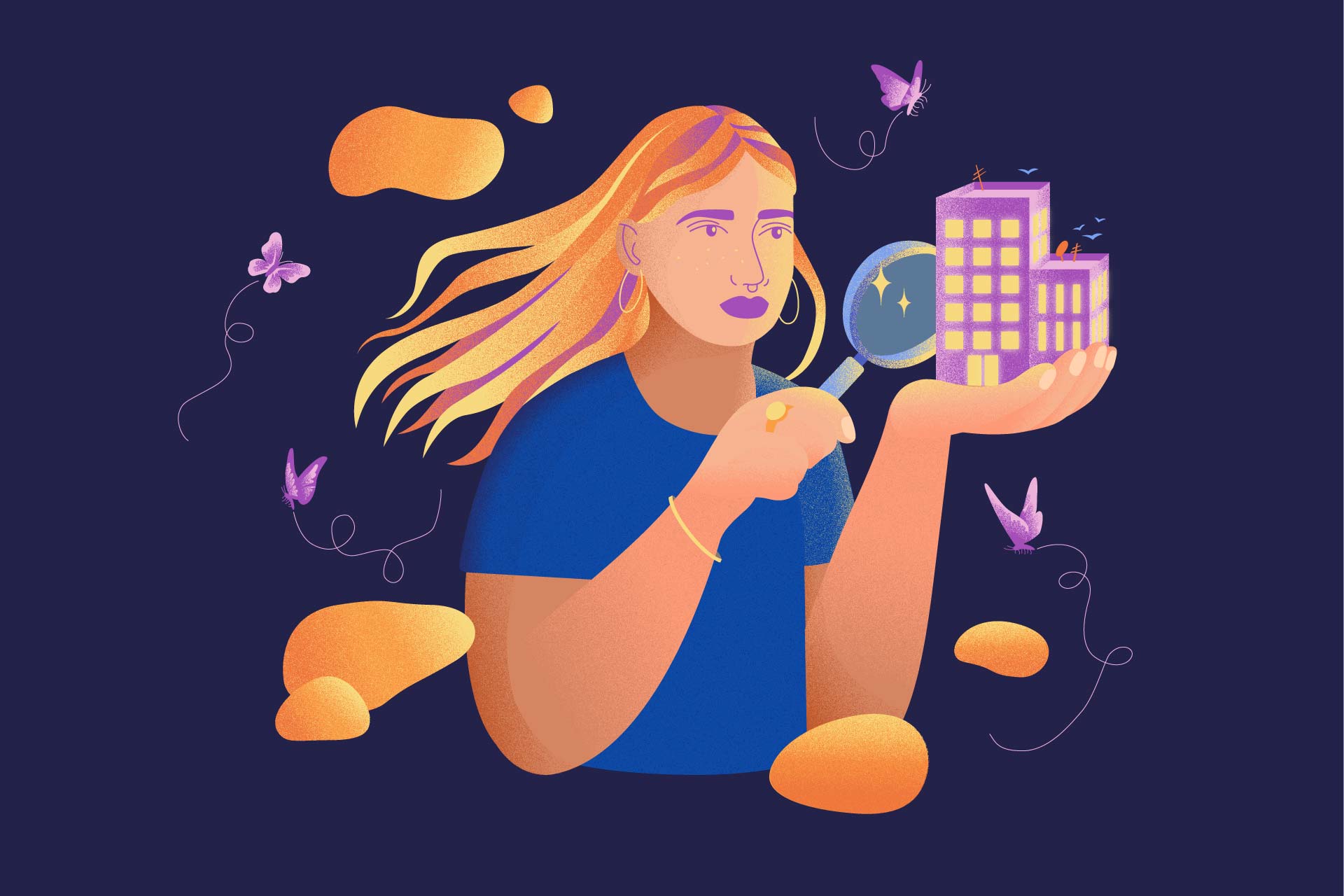 Illustration poétique inclusive pour l'égalité, une femme analyse à la loupe un immeuble entourée de papillons et étoiles