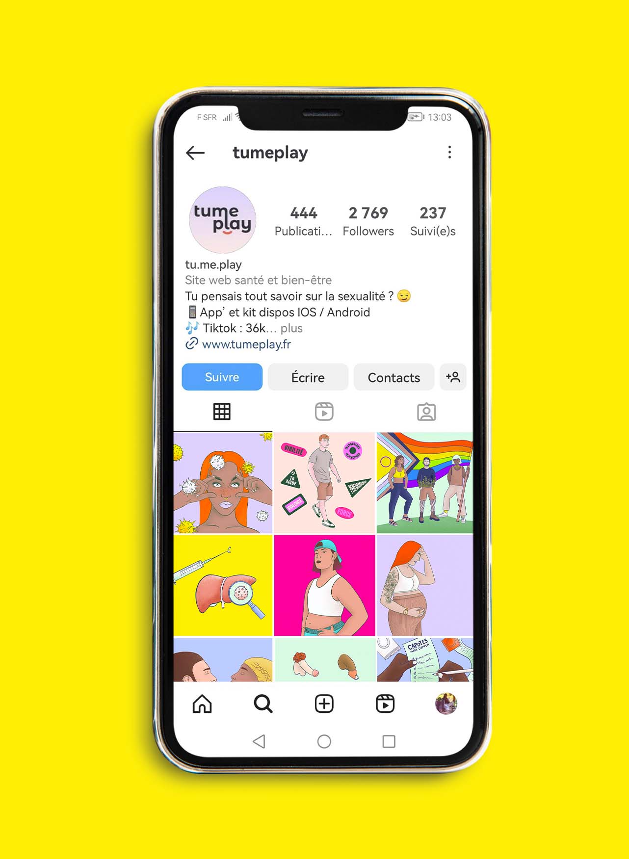 Écran de téléphone affichant page Instagram compte tumeplay pour de la prévention en santé sexuelle. Les posts sont illustrés et colorés.