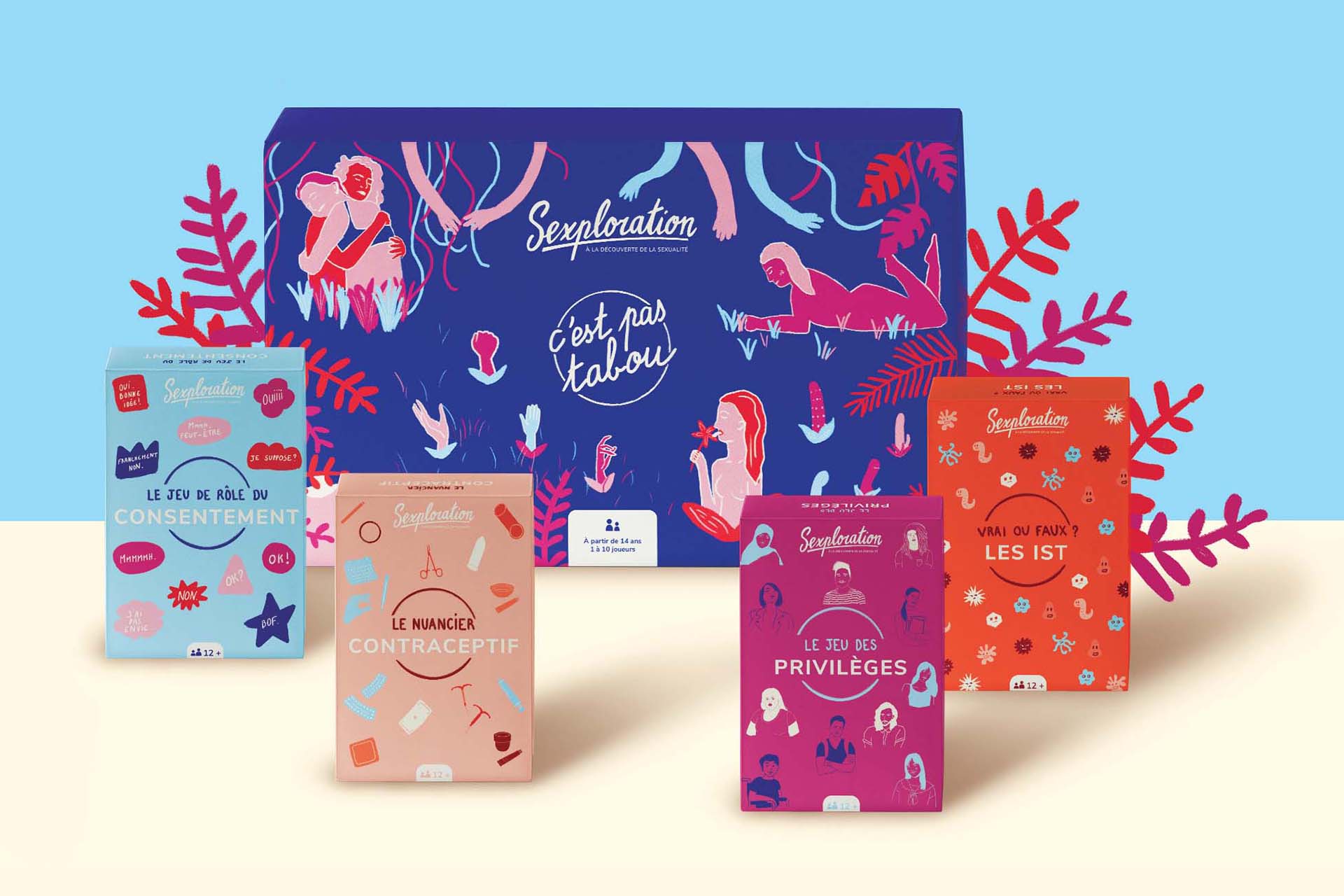 Five boxes of colorful, illustrated sex education board games on the themes of consent, contraception, STIs and privilege.