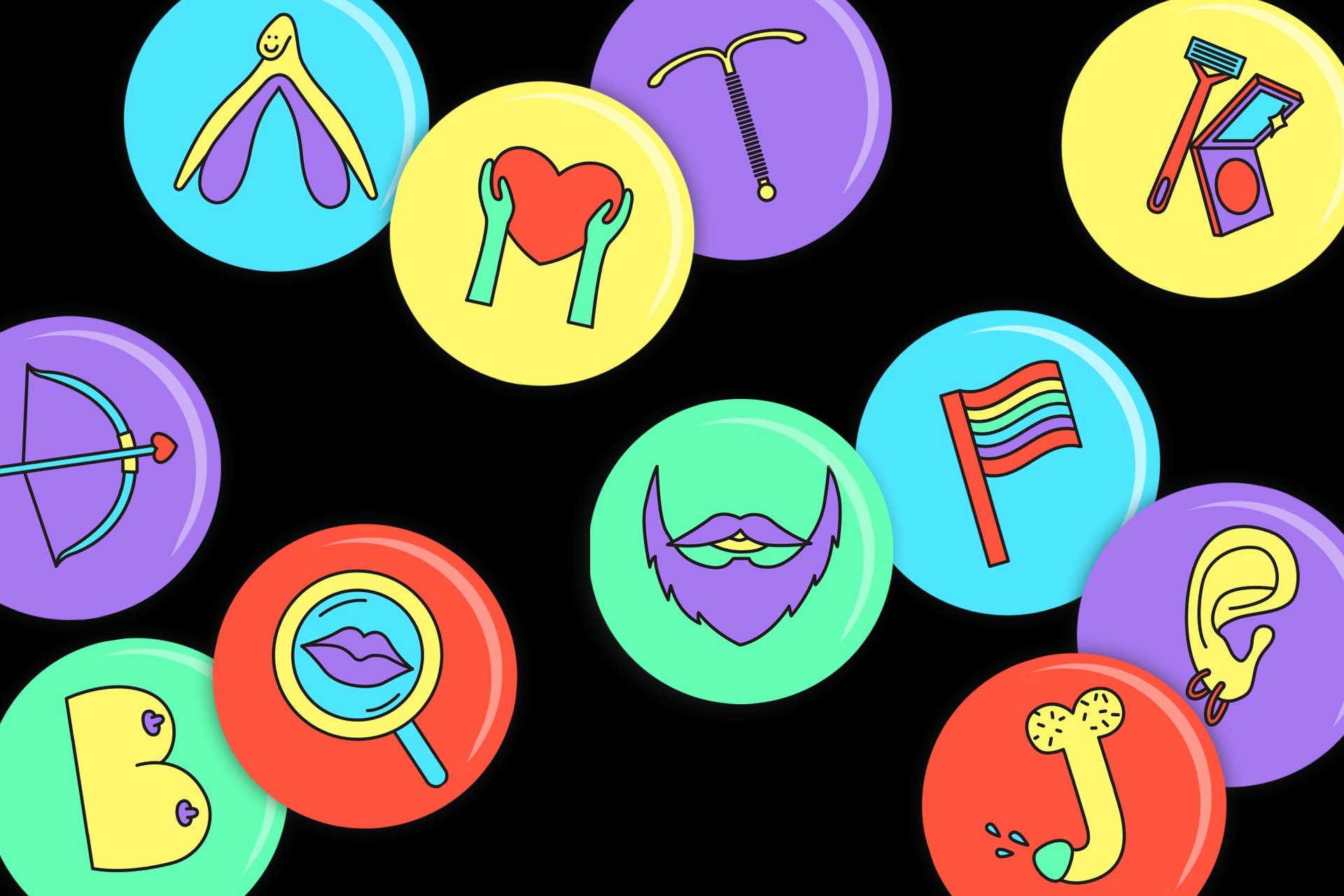 Colorful stickers with illustrated letters on the theme of sexuality and gender: rainbow flag, beard, make-up, breasts, clitoris, etc.