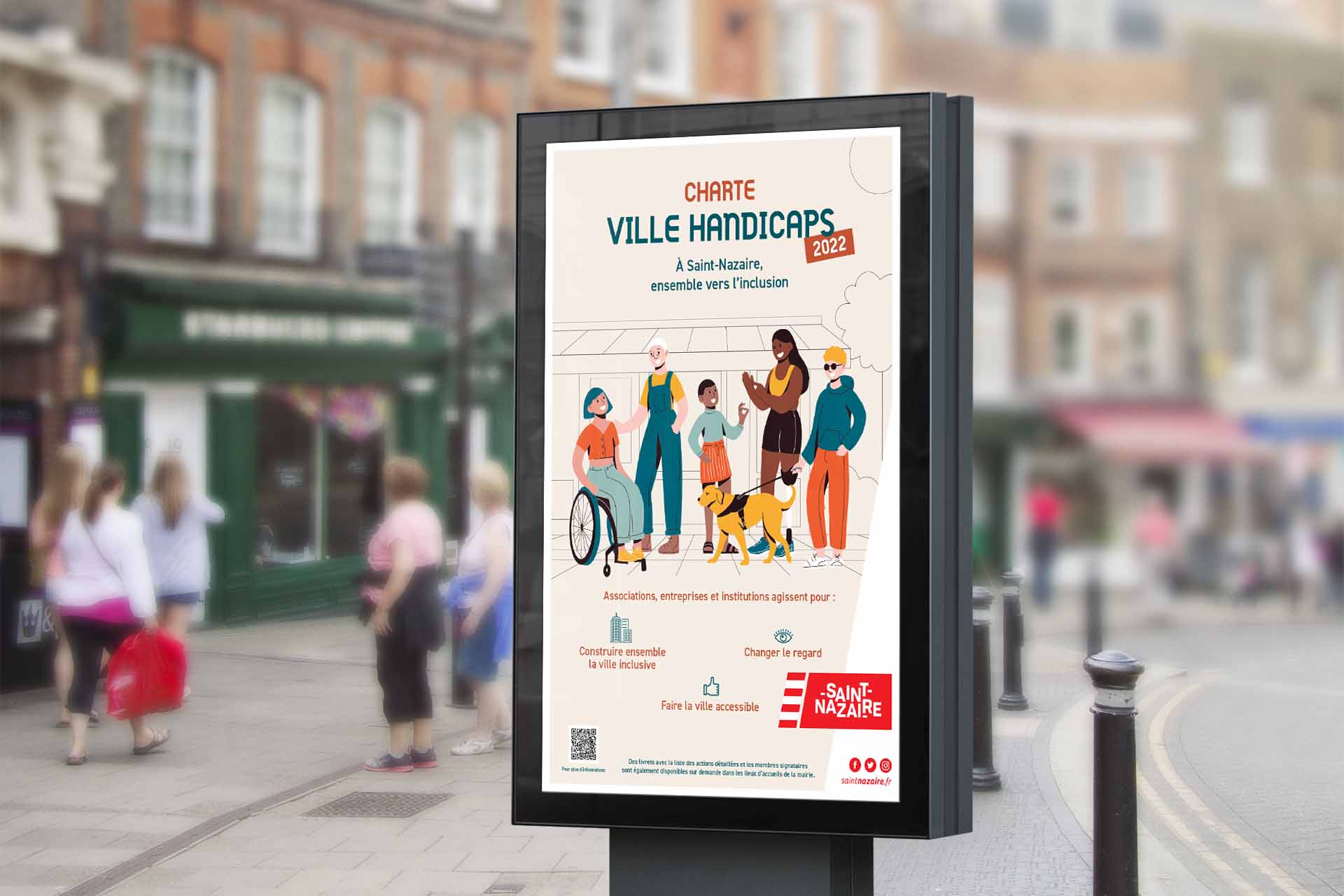 Billboard, street with 2022 disability city charter poster, illustration of disabled people