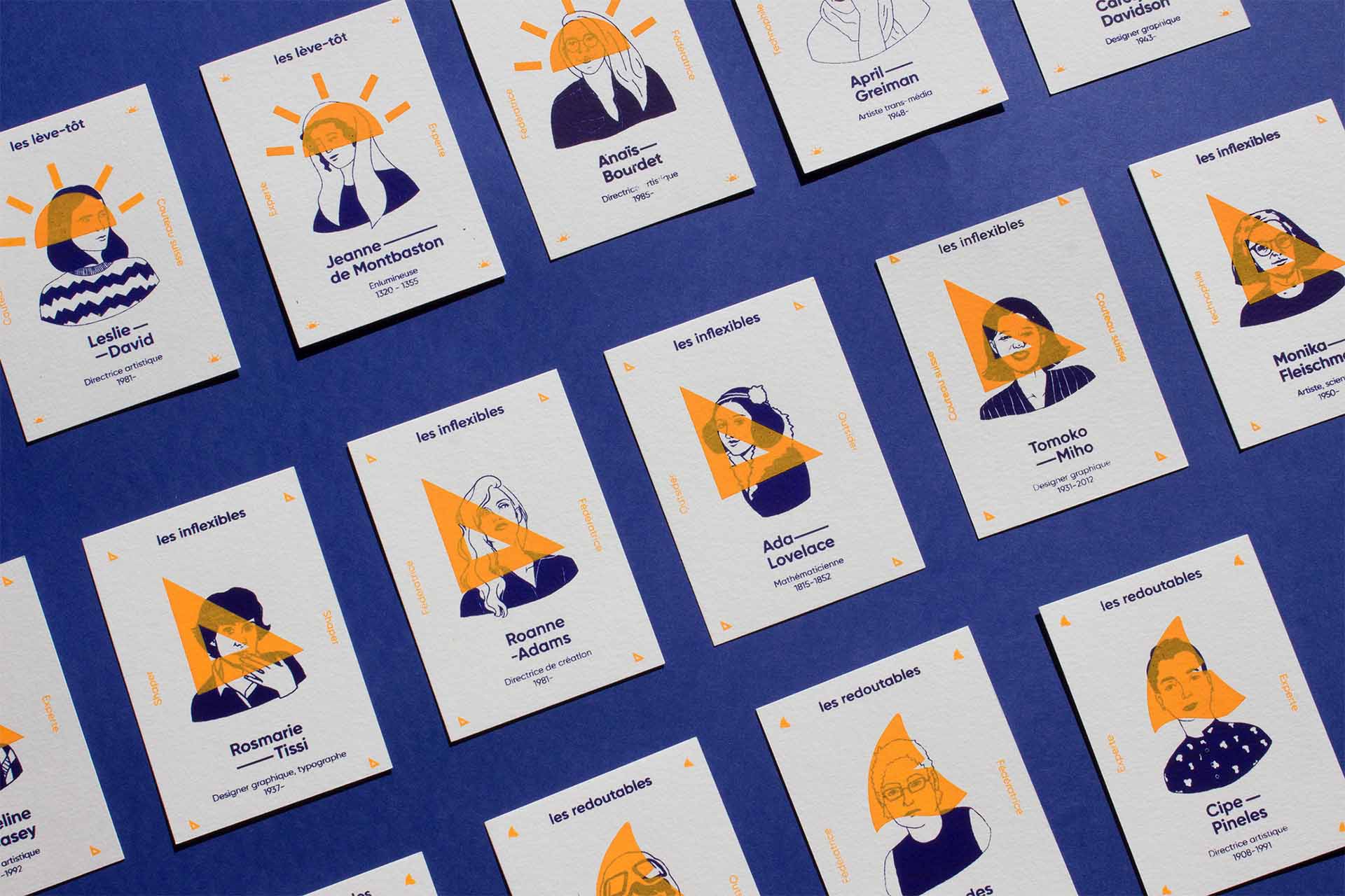 Seven-family game cards illustrated with portraits of women in screen-printed visual communication