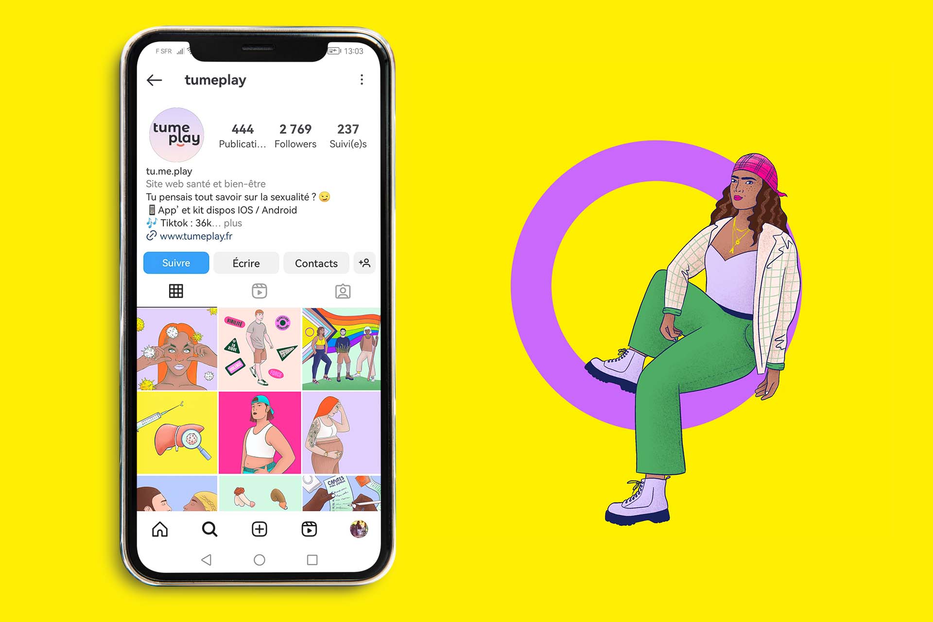 Phone screen displaying Instagram page of Tumeplay account for sexual health prevention. The posts are illustrated and colorful.